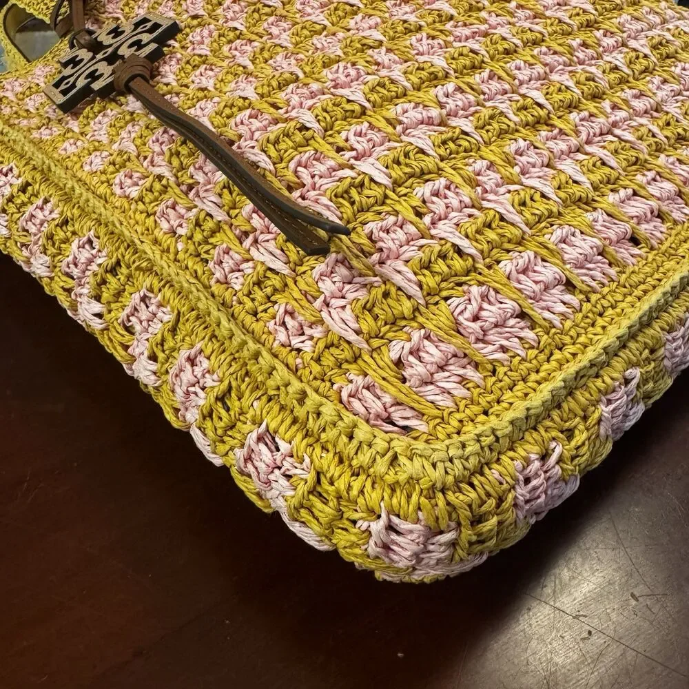 Tory Burch 165844 Straw Tote Pink Carnation Turmeric Raffia Bag NWT